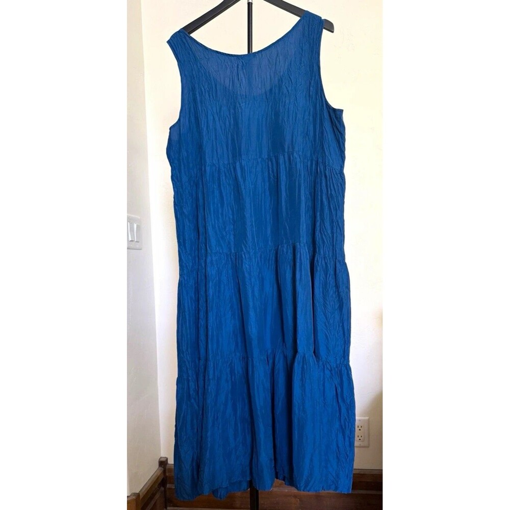 Eileen Fisher Blue 100% Silk Tiered Maxi Dress L Sleeveless Scoop Neck